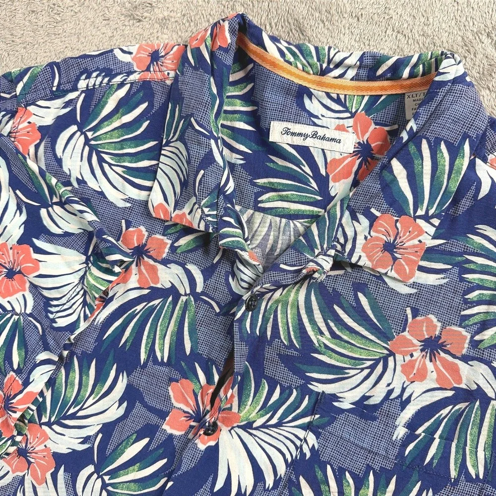 Tommy Bahama Mens XLT Blue Tropical Floral Palm Rayon Short Sleeve Camp Shirt